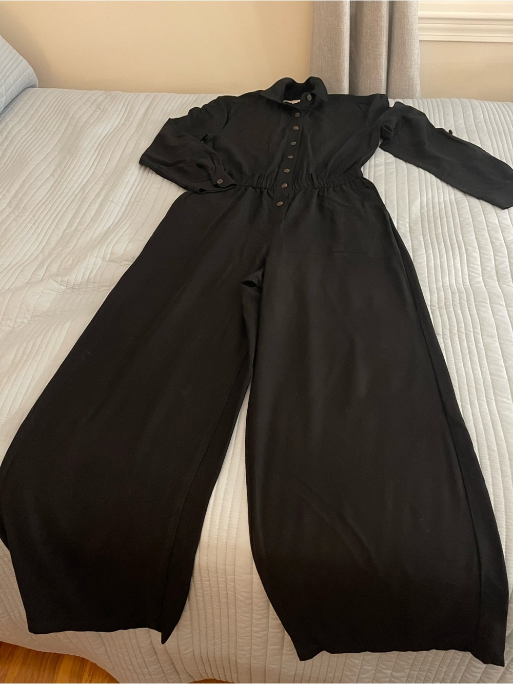 LOFT Black Button-Front Wide-Leg Jumpsuit